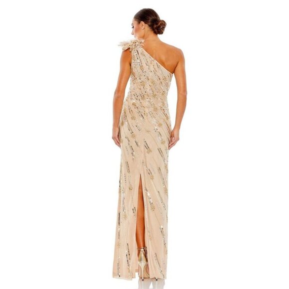 NWT Mac Duggal Embellished Floral Detail One Shoulder Gown 0 Nude Gold #8241 - Picture 4 of 8